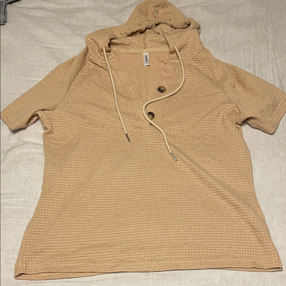 Tan Short Sleeve Hoodie with Buttons